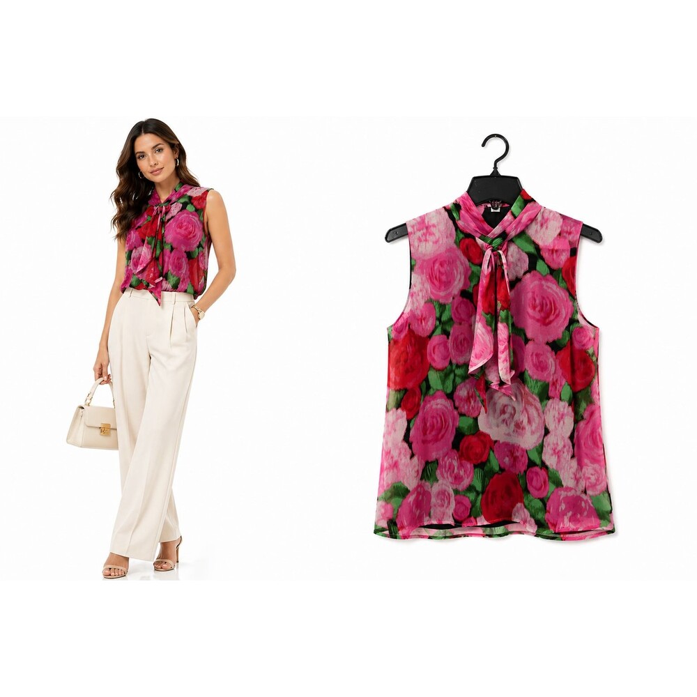 New Karl Lagerfeld Blouse Tank Size XS Pink Floral Tie Neck Sleeveless